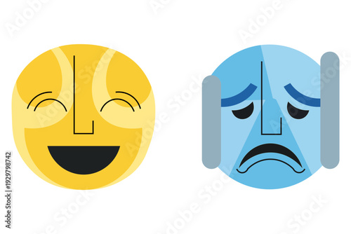Happy and sad faces side by side, representing contrasting emotions and moods