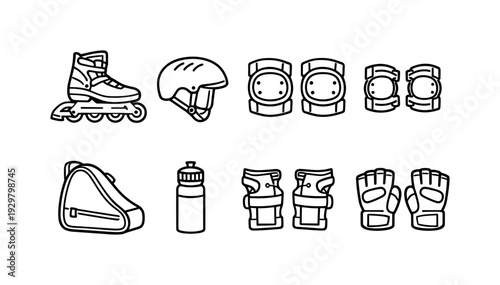 Inline skating gear: inline skates, helmet, knee pads, elbow pads, wrist guards, skate bag, water bottle, gloves