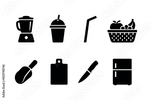 Smoothie bar items: blender, smoothie cup, straw, fruit basket, ice scoop, cutting board, paring knife, refrigerator
