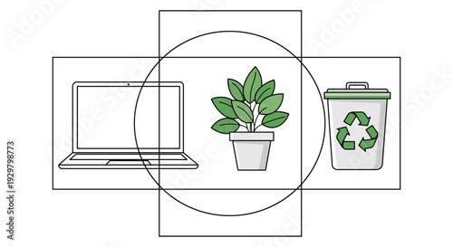 Laptop, potted plant, and recycling bin arranged in a graphic design layout