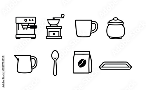 Home coffee corner items: coffee machine, coffee grinder, coffee mug, sugar jar, milk pitcher, spoon, coffee bean bag, tray
