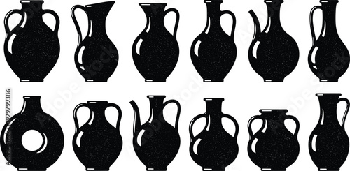 Black silhouette collection of traditional ceramic pottery including various antique vases, water jugs, clay pitchers, and decorative earthen vessels.