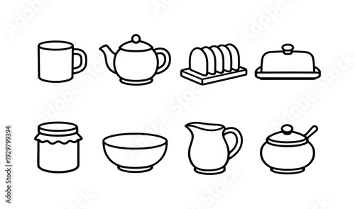 Home breakfast table items: coffee mug, teapot, toast rack, butter dish, jam jar, cereal bowl, milk jug, sugar bowl