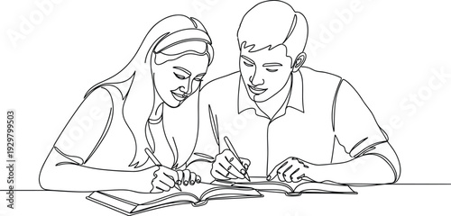 Continuous single line drawing illustration of a young man and woman studying together reading books and writing on a desk