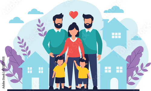 Colorful flat vector illustration of a happy extended modern family standing together with cute children and a beautiful house background