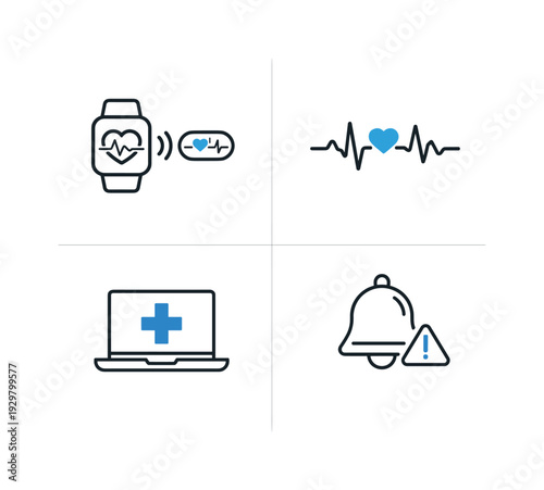 Digital remote cardiac monitoring and wearable ECG data management in telehealth services, presenting device pairing, heart rhythm tracking, clinician