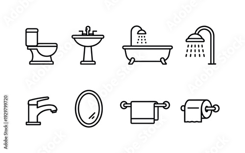Bathroom fixtures: toilet, sink, bathtub, shower head, faucet, mirror, towel rack, toilet paper holder