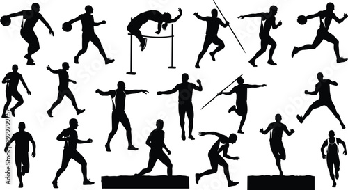 Collection of black silhouettes showing male track and field athletes competing in running jumping hurdles javelin and shot put events
