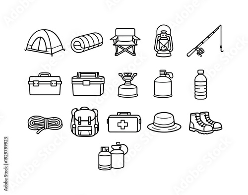 Lake camping gear: camping tent, sleeping bag, folding chair, lantern, fishing rod, tackle box, cooler box, portable stove, gas canister, water bottle