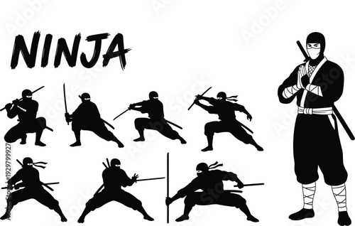 Set of black silhouettes showing a Japanese ninja warrior in various martial arts combat and fighting poses with traditional weapons