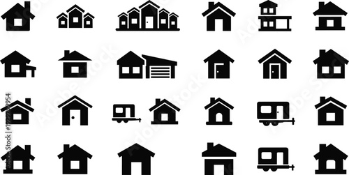 Collection of various black silhouette house and residential building icons including modern homes cottages and a camper trailer flat vector