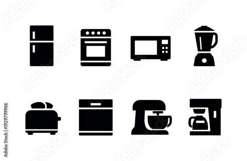 Kitchen appliances: refrigerator, oven, microwave, blender, toaster, dishwasher, mixer, coffee maker
