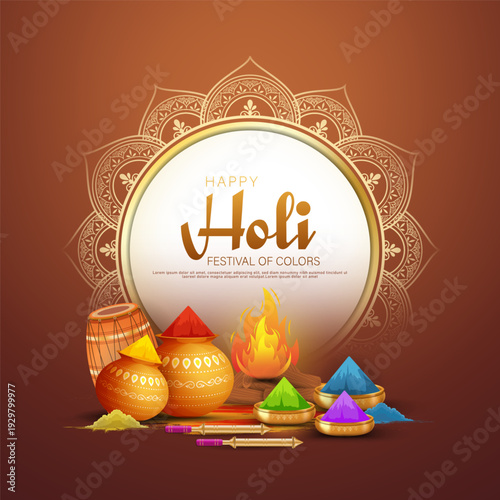 Happy Holi Festival Poster Template Design With Pichkari And Powder Color Bowls. Hindu Festival Of Colors - Holi.