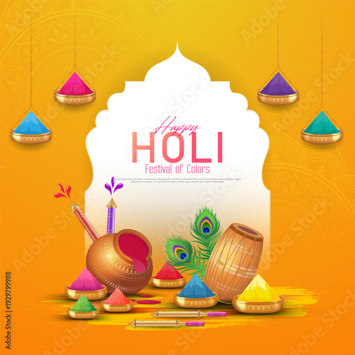 Happy Holi Festival Poster Template Design With Pichkari And Powder Color Bowls. Hindu Festival Of Colors - Holi.