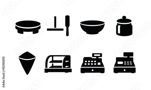 Crepe stand equipment: crepe maker, batter spreader, spatula, mixing bowl, topping jar, paper cone, display case, cash register