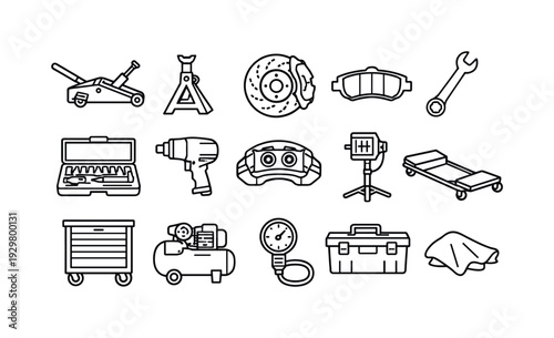 Auto brake repair workshop: hydraulic jack, jack stand, brake disc, brake pad, wrench, socket set, impact wrench, brake caliper, work light, creeper
