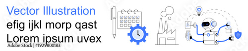 Business operations, workflow automation, data management, scheduling tools, technology services, process optimization. Gear, calendar digital files and system network graphics. Workflow automation