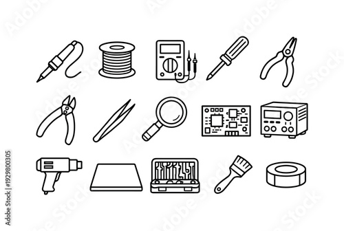 Electronics repair tools: soldering iron, solder wire, multimeter, screwdriver, pliers, wire cutter, tweezers, magnifying glass, circuit board, power
