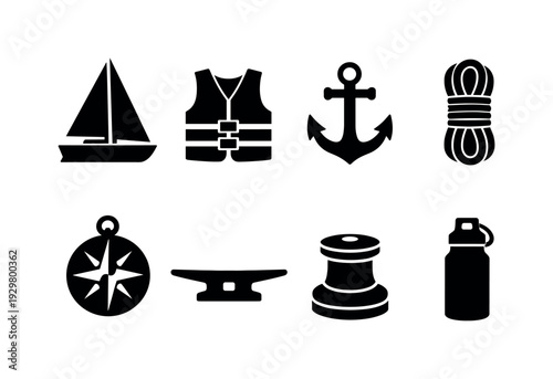 Sailing equipment: sailboat, life jacket, anchor, rope coil, compass, boat cleat, winch, water bottle