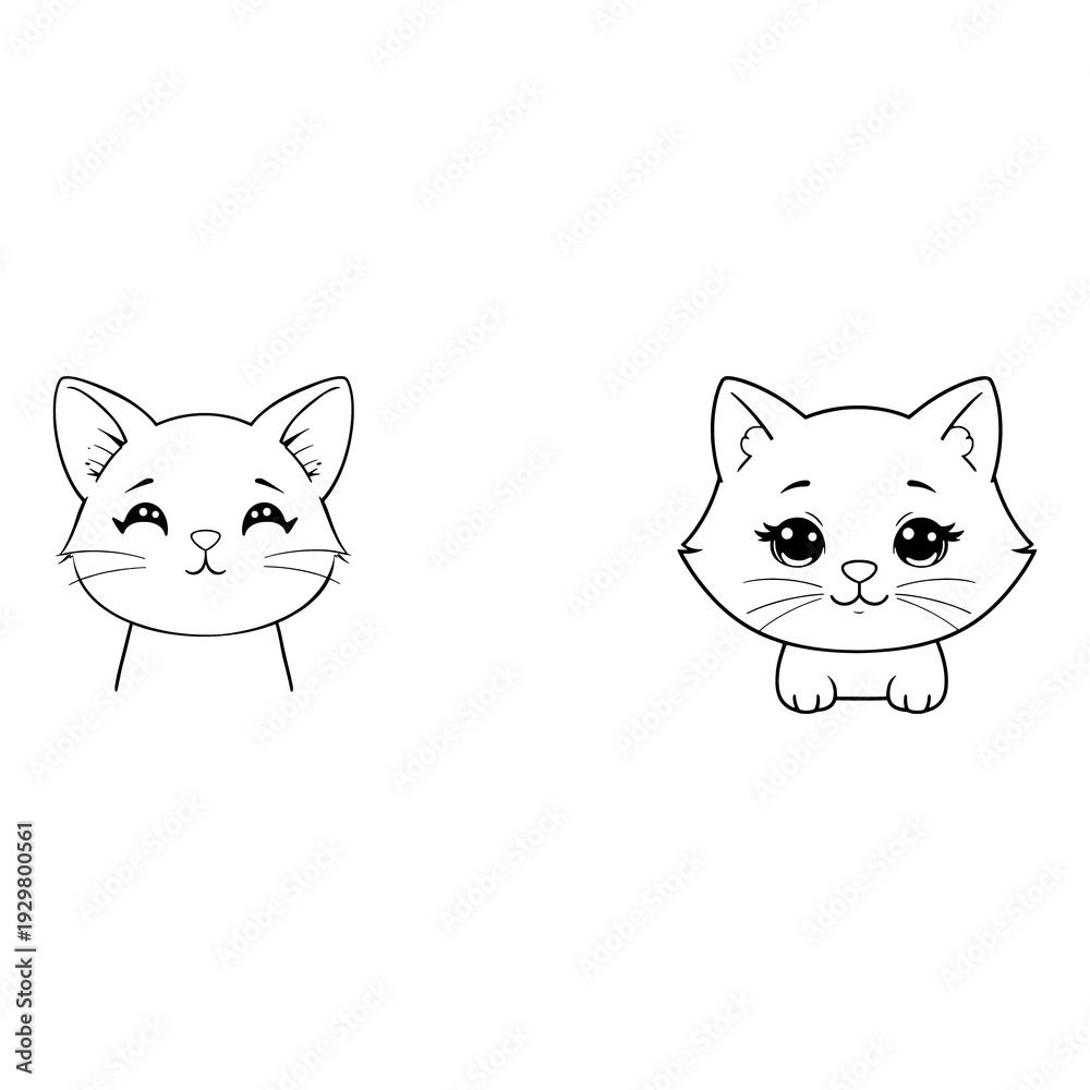 Obraz premium A cute white cat face watches a minimalist cat on black background.