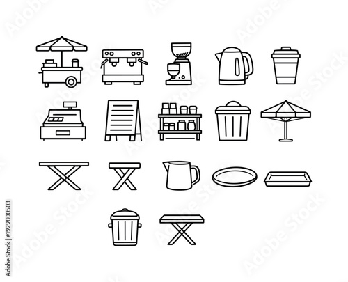 Urban street coffee kiosk: coffee cart, espresso machine, coffee grinder, kettle, cup, paper cup, cash box, menu board, display shelf, trash bin