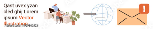 Communication systems, global network, remote work, messaging, email notifications, online services. Office setup with two people, globe arrow and an email icon. Communication systems and global