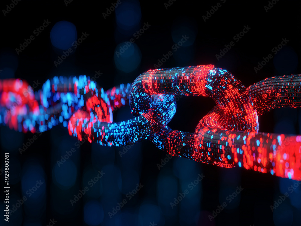 Obraz premium Nowoczesna wizualizacja cyfrowego łańcucha świecącego na czerwono i niebiesko. Symbol technologii blockchain, bezpieczeństwa i danych.