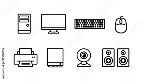 Office computer peripherals: desktop computer, monitor, keyboard, computer mouse, printer, external hard drive, webcam, speaker