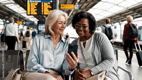 Senior Women Sharing Smartphone at Train Station