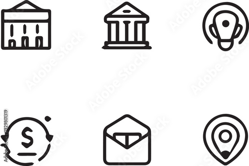 A useful collection of five white location and communication essential icons.