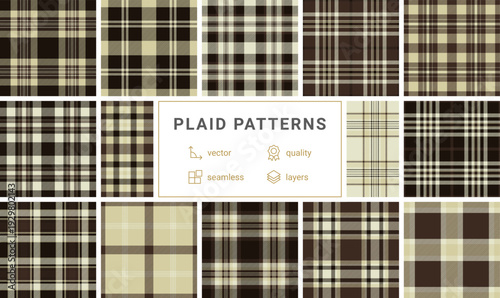 This elegant dark brown and cream seamless plaid pattern captures a timeless tartan aesthetic. Perfect for cozy fashion textiles, rustic home decor, and professional web backgrounds.