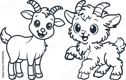Two adorable cartoon goats are playfully depicted in a black and white line drawing showcasing their charming youthful features high quality