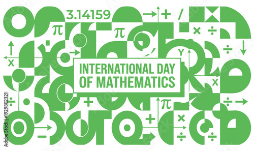 International day of mathematics celebration with colorful geometric shapes and mathematical symbols on white background