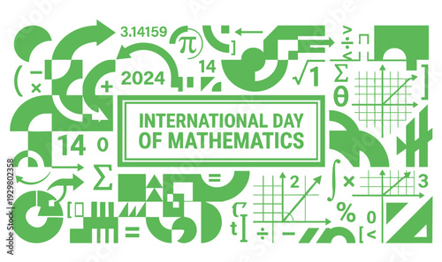 International day of mathematics celebration with colorful geometric shapes and mathematical symbols on white background