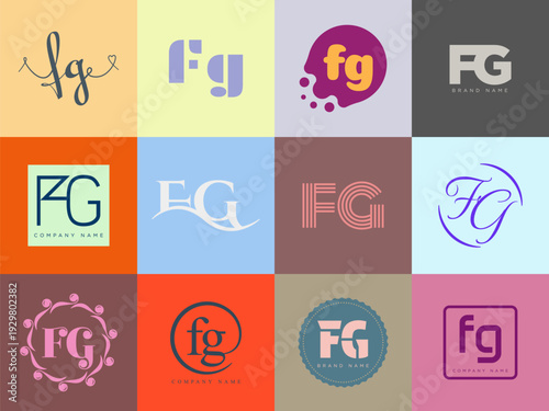 FG logo company template. Letter f and g logotype. Set different classic serif lettering and modern bold text with design elements. Initial font typography.