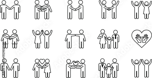 Relationship and family line icon set featuring people shaking hands hugging and holding hands isolated on white background for social concepts