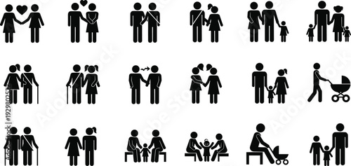 Black family silhouettes set with parents children couples and elderly people isolated on white background for social life and community