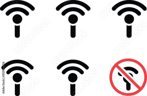 Illustration of five wifi symbols with one crossed out indicating no internet connection Vector
