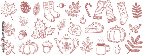 Autumn Harvest and Cozy Season Elements Line Art fall