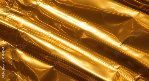 Luxurious gold metallic foil texture background with crumpled surface and reflective lighting creating a premium atmosphere