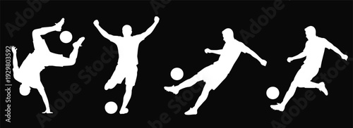 Four white silhouettes of men playing soccer with balls in various poses and movements together