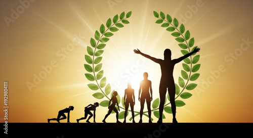 Silhouetted figures progressing from crawling to triumph surrounded by laurel wreath symbolizing achievement and success against radiant orange background