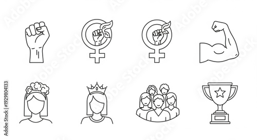 Empowerment and strength icons set feminist symbols female power and success illustration