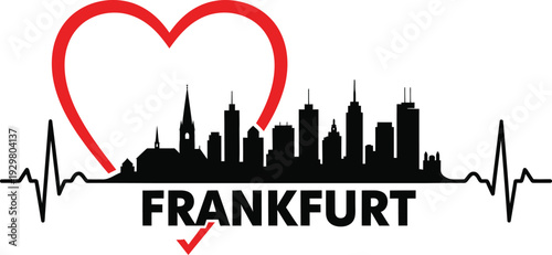 Frankfurt city skyline with red heart and ECG line illustration  urban landscape design element