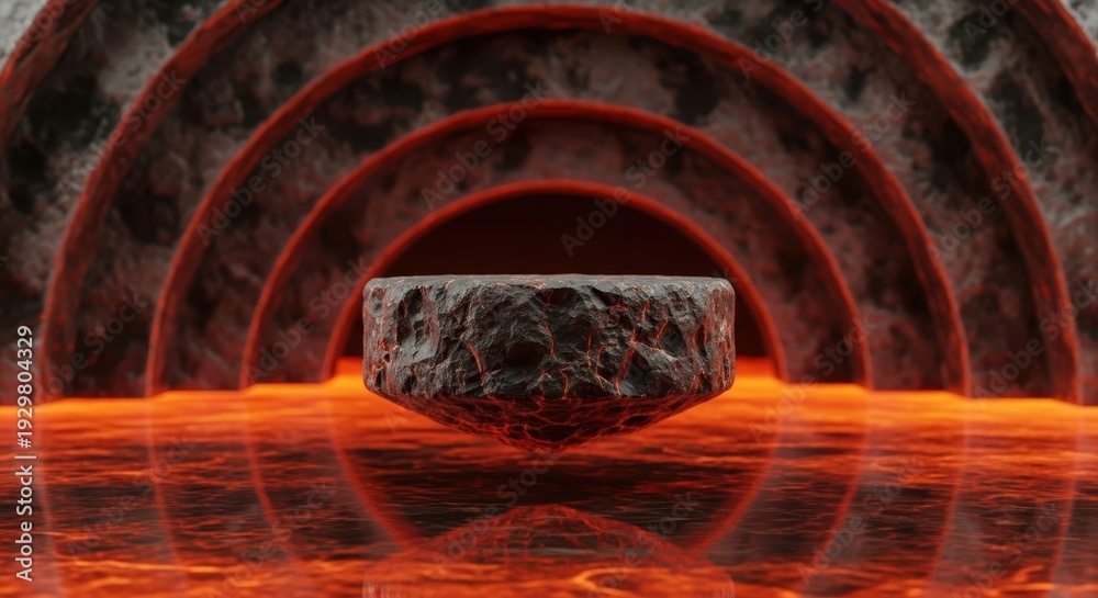 Fototapeta premium Glowing Orange Tunnel with Stone Block Center.