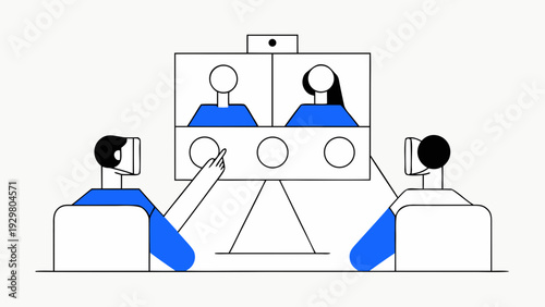Flat illustration of people in video conference meeting remotely with teamwork and collaboration