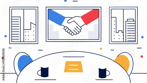 Business partnership meeting with handshake and graphs on screen at office table