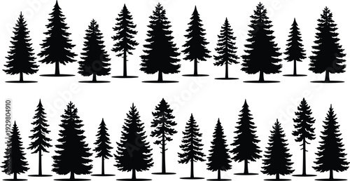 Set of pine tree silhouettes, evergreen coniferous forest fir timber vector collection, isolated black spruce nature elements for outdoor design landscape woodland scene decoration