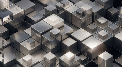 3d rendering of metallic gray cubes in various sizes and orientations forming a complex geometric pattern with reflections and shadows on a seamless background
