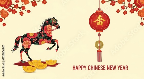 Chinese New Year Horse Illustration with Lantern.